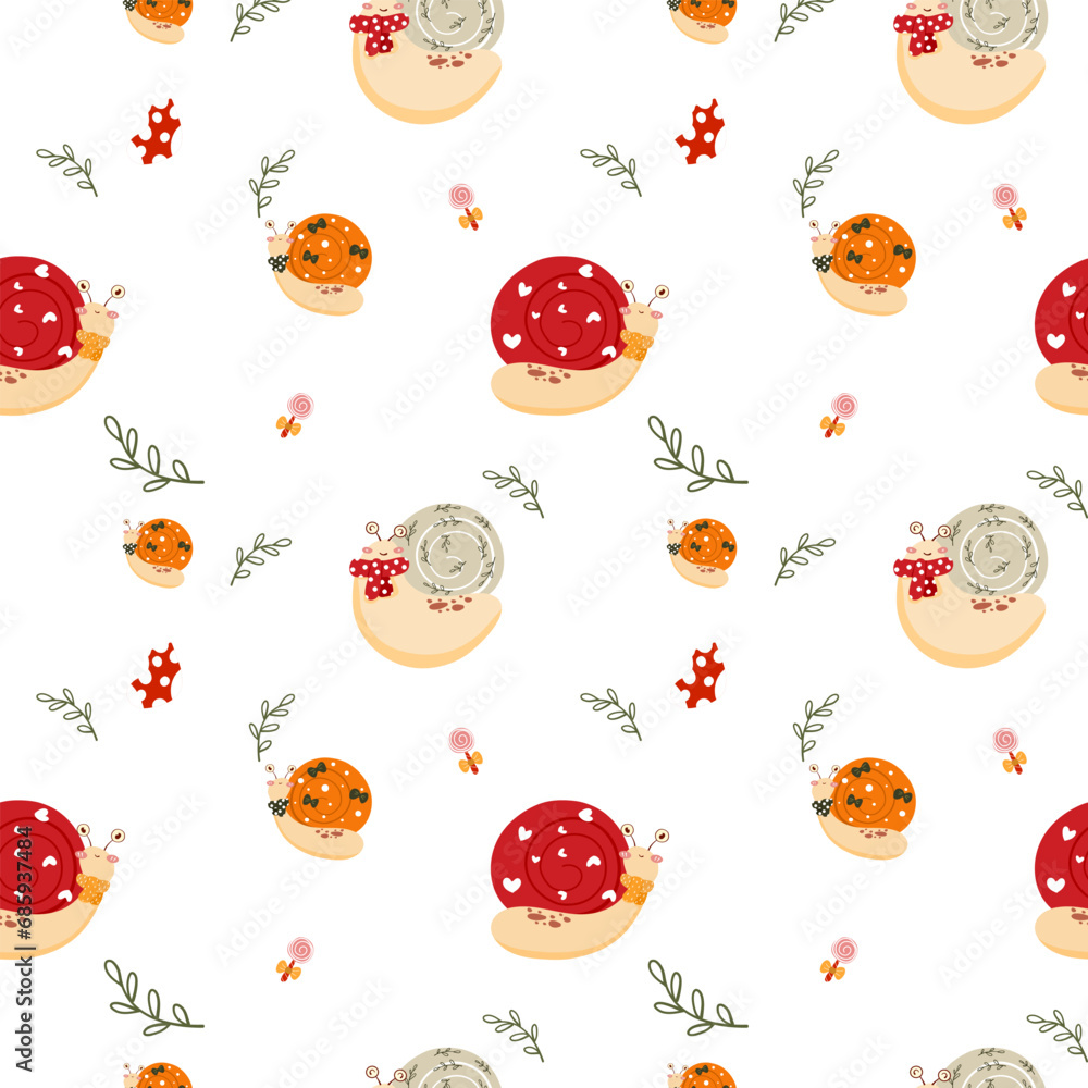 Cute snail with leave seamless pattern vector Cute snail with leave seamless pattern vector