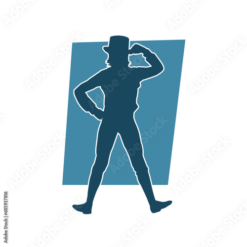 Silhouette of a female dancer in action pose. Silhouette of a woman dancing happily.