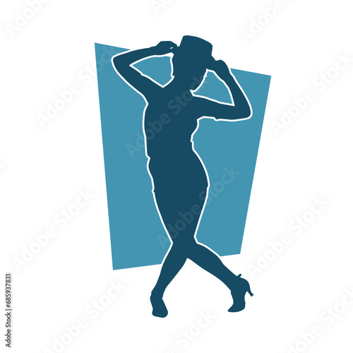 Silhouette of a female dancer in action pose. Silhouette of a woman dancing happily.
