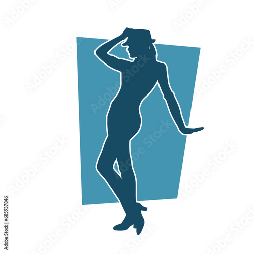 Silhouette of a female dancer in action pose. Silhouette of a woman dancing happily.