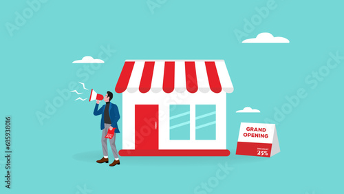 grand opening illustration with the concept of an entrepreneur opening a new shop while promoting his shop  open store in new location concept  businessman start small business or retail shop