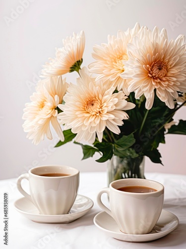 Two cups of black coffee and bouquet of light pink chrysanthemum flowers in a vase on a table.
