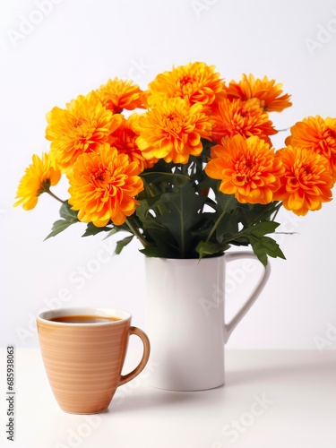 Cup of coffee and bouquet of marigold flowers in a vase on white background.