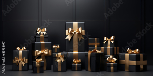 Luxurious Holiday Greetings Black Gift Boxes with Golden Bows.AI Generative 
