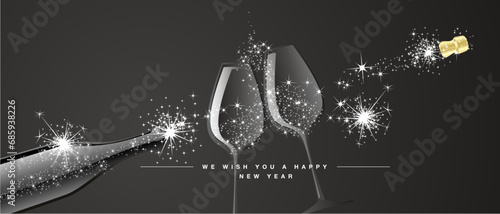 Happy New Year 2024 eve white firework shape two champagne glasses with sparkler firework wine open champagne bottle black background greeting card