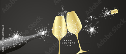 Happy New Year 2024 eve white firework shape golden glasses with sparkler firework wine open champagne bottle black background greeting card