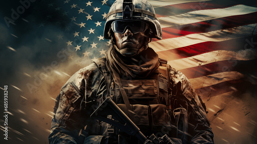 Soldier in front of an American flag, conveying the idea of patriotism and military service. The soldier wears a helmet and tactical gear and holds a rifle