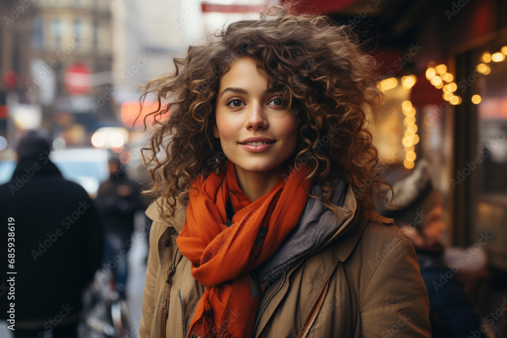 Young woman smiling in a bustling city street with taxis and pedestrians in the background.