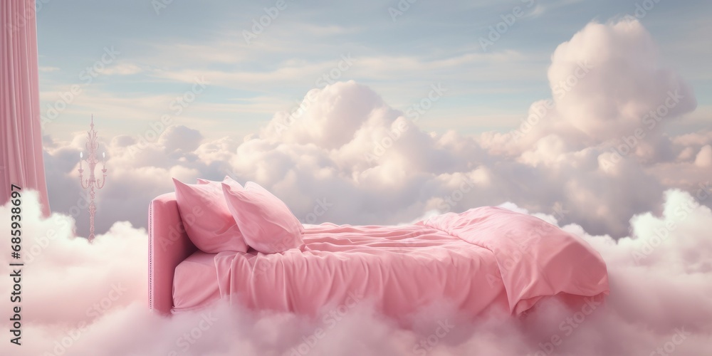 A pink mattress among the clouds. The bed stands in a pink fluffy cloud in the sky.. Mattress advertising concept and sweet dreams - obrazy, fototapety, plakaty 