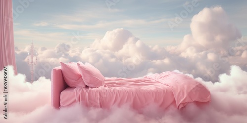 A pink mattress among the clouds. The bed stands in a pink fluffy cloud in the sky.. Mattress advertising concept and sweet dreams photo