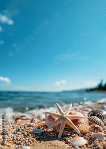 Closeup, flower and beach starfish for travel, mock up and space in tropical, holiday and paradise on dream vacation. Background, summer wallpaper and relax in nature, island and blue sea waves