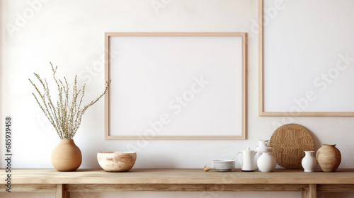 Modern, home and kitchen interior in bohemian style for ideas, inspiration and apartment design. Elegant, cozy and boho room with blank wooden frame and mockup for architecture, lifestyle and house