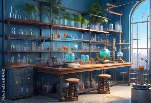 化学薬品の並ぶ棚と実験室