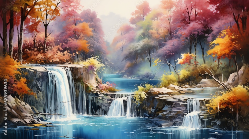 waterfall in the forest watercolor painting for wall art background wallpaper