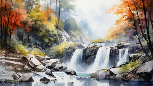 waterfall in the forest watercolor painting for wall art background wallpaper