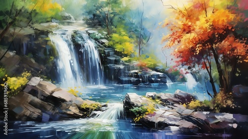 waterfall in the forest watercolor painting for wall art background wallpaper © fledermausstudio