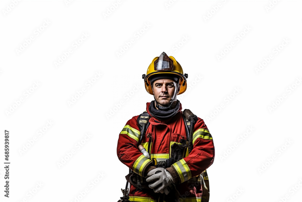 Fototapeta premium fire fighter self portrait with equipment on white background
