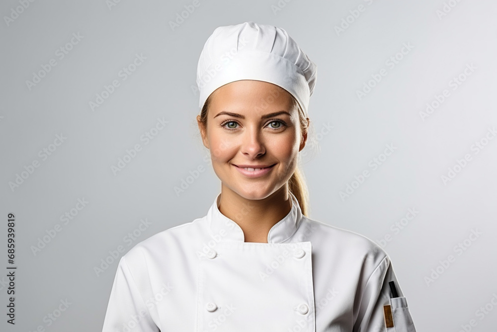 A female chef self portrait on dark background A female chef self portrait on dark background