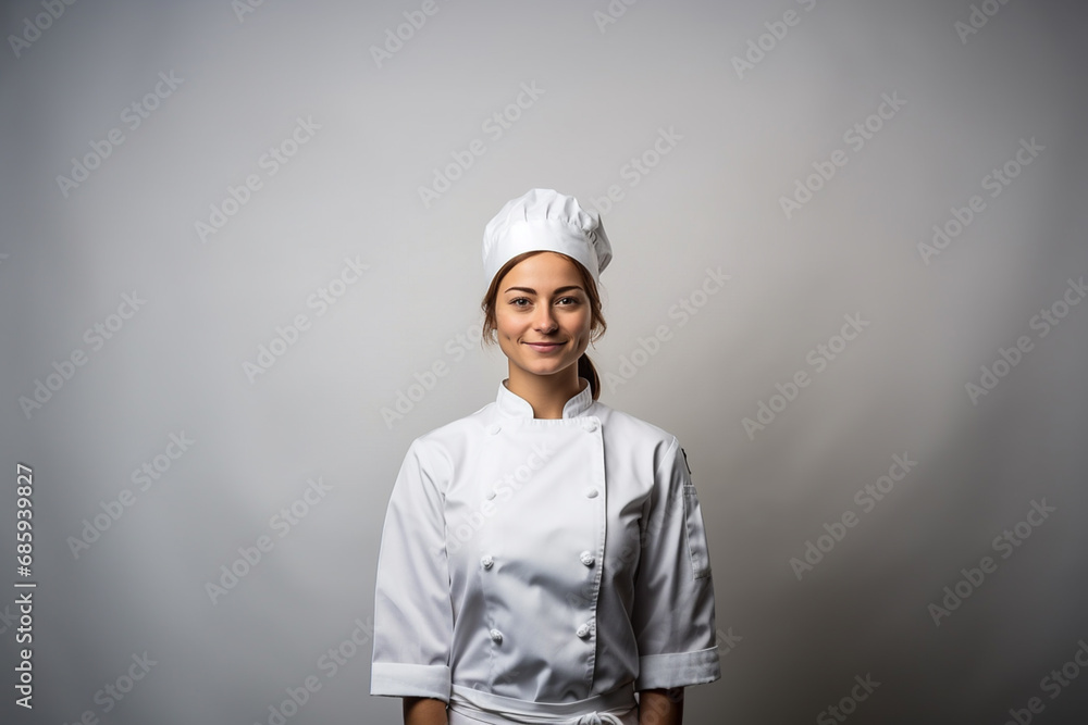 A female chef self portrait on dark background A female chef self portrait on dark background