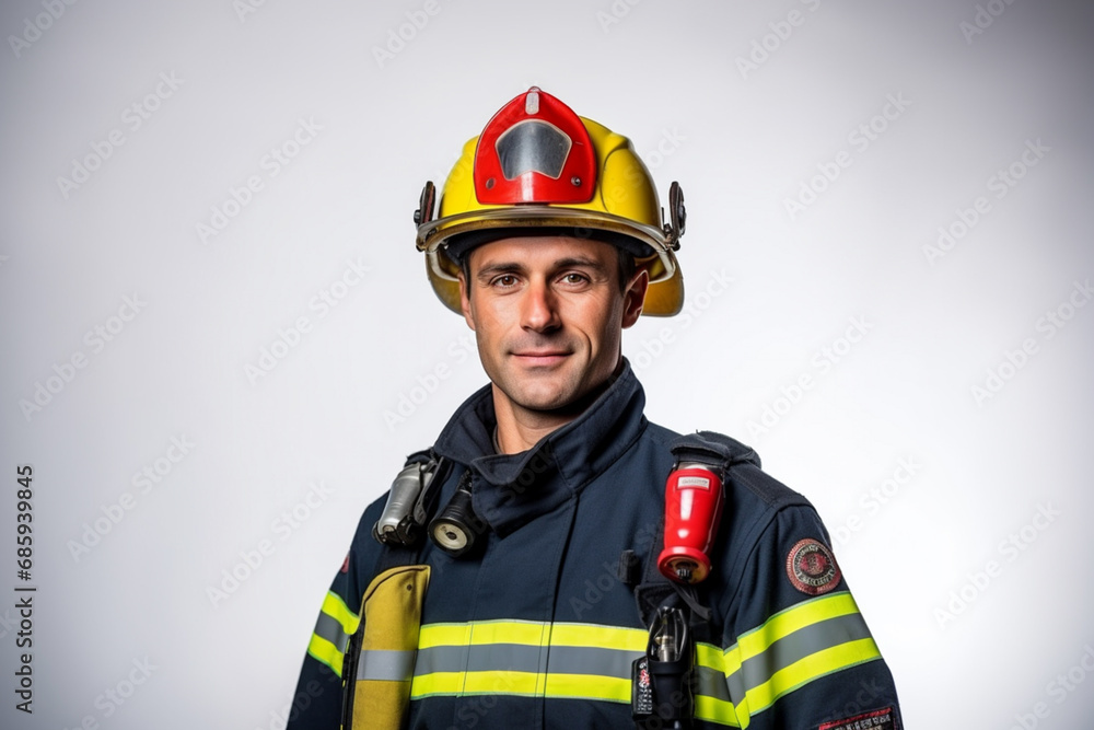 Fototapeta premium fire fighter self portrait with equipment on white background