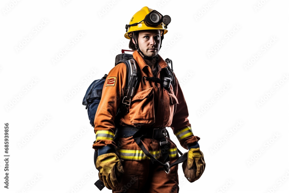 fire fighter self portrait with equipment on white background fire fighter self portrait with equipment on white background