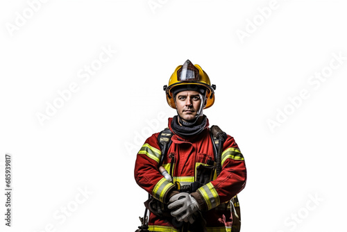 fire fighter self portrait with equipment on white background
