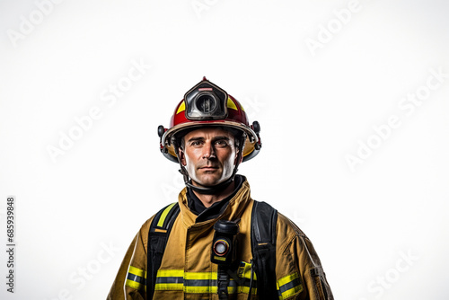 fire fighter self portrait with equipment on white background © Rekalawa