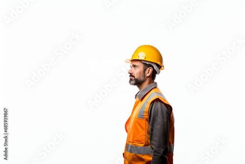 Construction workers self portrait on white background