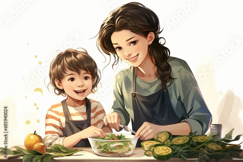 Illustration of a mother cooking with her kid, light background