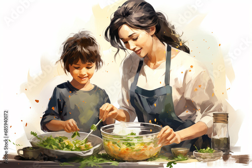 Illustration of a mother cooking with her kid  light background