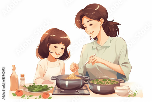 Illustration of a mother cooking with her kid, light background