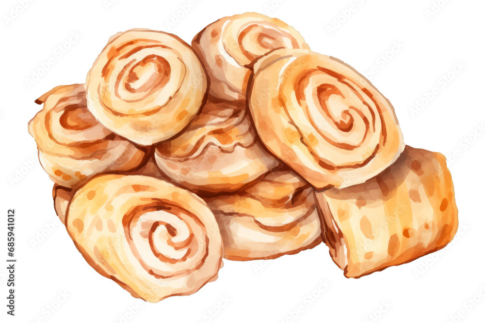Watercolor hand painted style delicious pizza rolls on white background