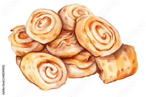 Watercolor hand painted style delicious pizza rolls on white background