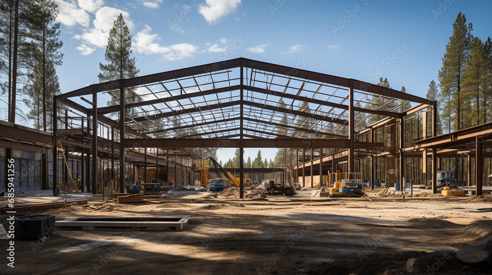 Construction site with steel frame of a new building under a clear blue sky, surrounded by trees.