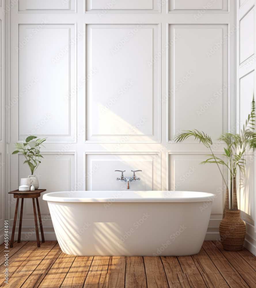 Fototapeta premium Modern, bathtub and bathroom interior design with big window for apartment, hotel and home. Bright, clean and stylish wash room by white wall for relax, hygiene and luxury break in indoor decoration
