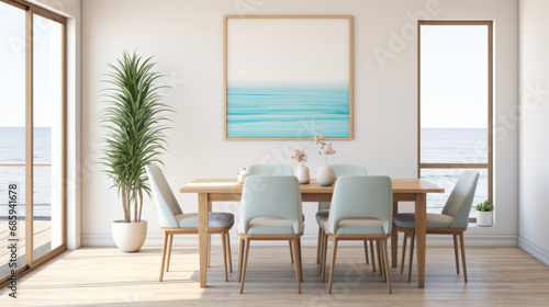 Furniture, dining room and modern table with wood chairs for apartment, hotel and home picture frame. Creative, interior design and mockup poster space for restaurant, dinner and decor inspiration © MalamboBot/Peopleimages - AI