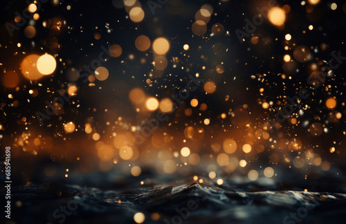 Gold, bokeh and glitter in a studio with dark background for celebration, event or party. Mockup, sparkle and confetti for glow, magic or shine for festive decoration by black studio backdrop © Allistair/Peopleimages - AI