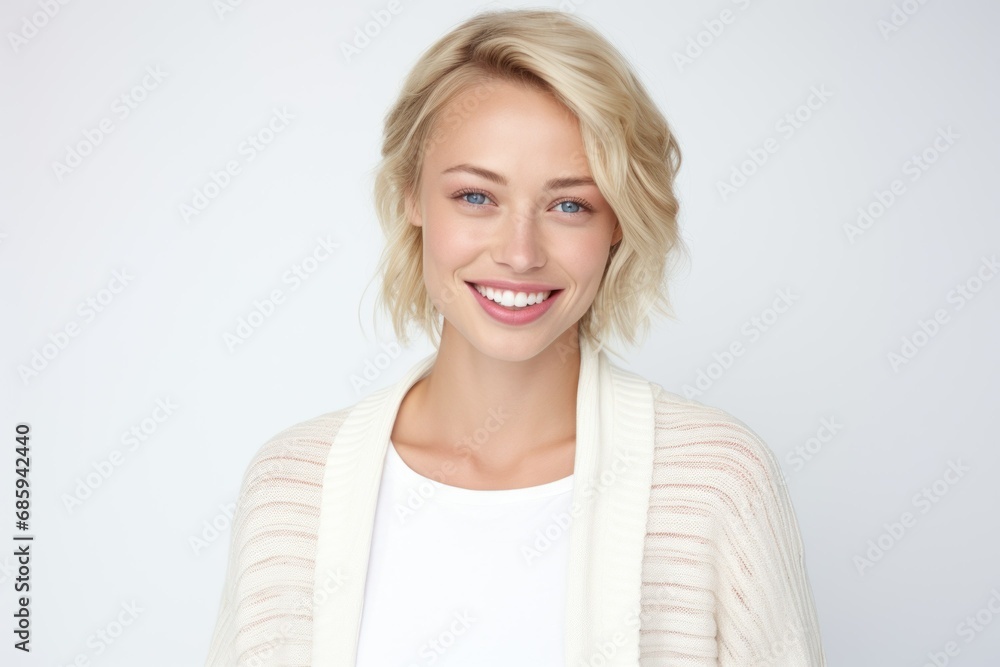 Portrait of a pretty blonde woman on a white background. Attractive lady full of grace and natural beauty. Generative AI. Portrait of a pretty blonde woman on a white background. Attractive lady full of grace and natural beauty. Generative AI.
