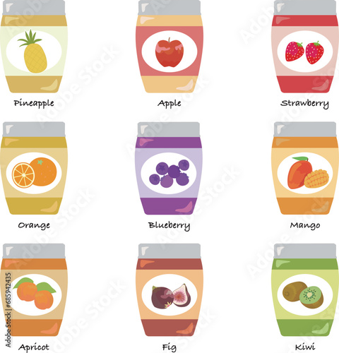 Simple vector illustration of nine types of fruit jam.