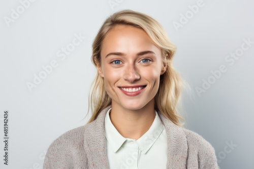 Portrait of a pretty blonde woman on a white background. Attractive lady full of grace and natural beauty. Generative AI.