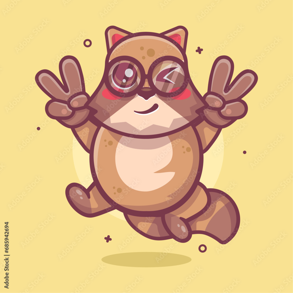 Fototapeta premium funny raccoon character mascot with peace sign hand gesture isolated cartoon 