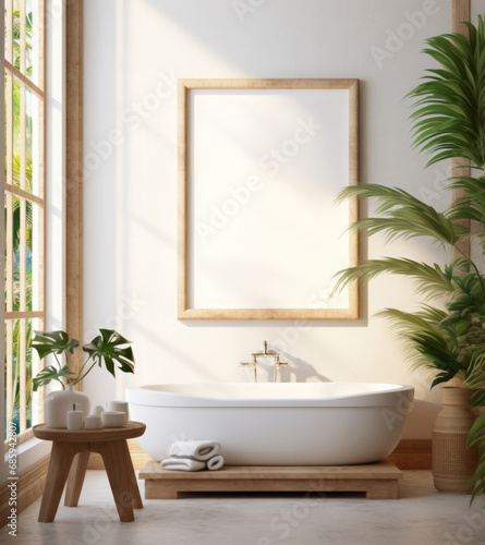Modern  bathtub or bathroom interior design with mockup poster space for apartment  hotel or home. Bright  clean or stylish wash room by wall for relax  hygiene and luxury picture frame or decoration