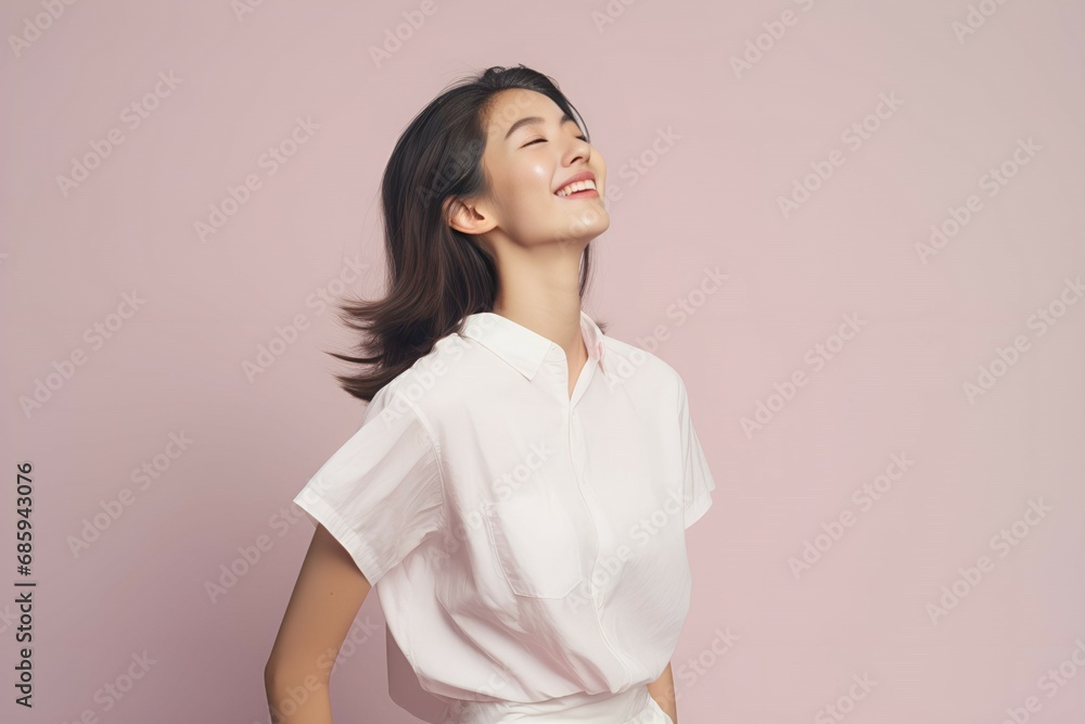 Portrait of a joyful fictional Korean woman smiling. Graceful and elegant lady. Natural beauty. Happiness. Isolated on a plain colored pastel background. Generative AI. Portrait of a joyful fictional Korean woman smiling. Graceful and elegant lady. Natural beauty. Happiness. Isolated on a plain colored pastel background. Generative AI.