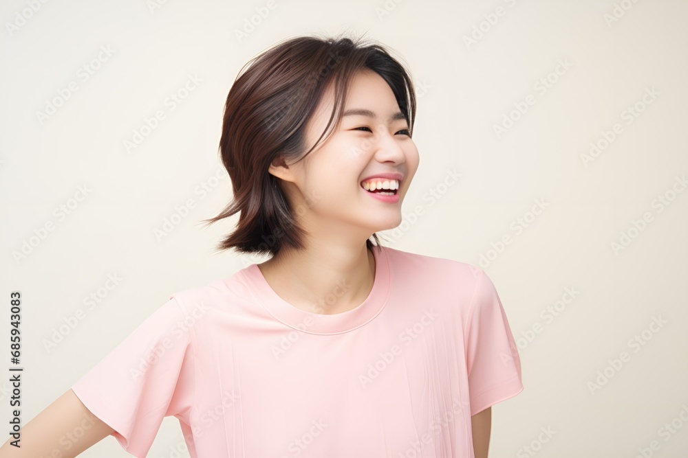 Portrait of a joyful fictional Asian woman smiling. Graceful and elegant lady. Natural beauty. Happiness. Isolated on a plain colored pastel background. Generative AI. Portrait of a joyful fictional Asian woman smiling. Graceful and elegant lady. Natural beauty. Happiness. Isolated on a plain colored pastel background. Generative AI.