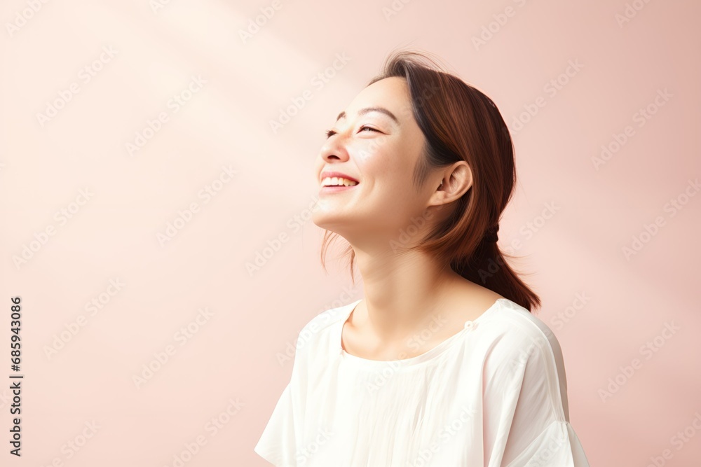 Portrait of a joyful fictional Japanese woman smiling. Graceful and elegant lady. Natural beauty. Happiness. Isolated on a plain colored pastel background. Generative AI. Portrait of a joyful fictional Japanese woman smiling. Graceful and elegant lady. Natural beauty. Happiness. Isolated on a plain colored pastel background. Generative AI.