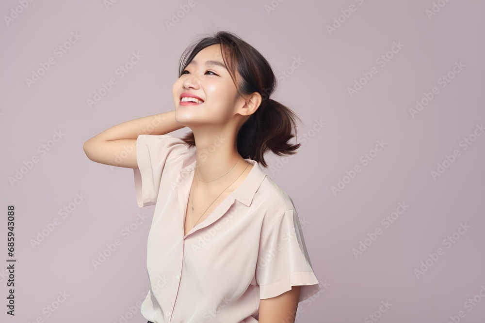 Portrait of a joyful fictional Korean woman smiling. Graceful and elegant lady. Natural beauty. Happiness. Isolated on a plain colored pastel background. Generative AI. Portrait of a joyful fictional Korean woman smiling. Graceful and elegant lady. Natural beauty. Happiness. Isolated on a plain colored pastel background. Generative AI.