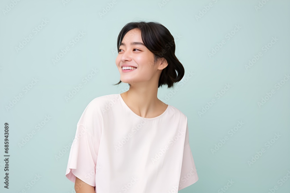 Fototapeta premium Portrait of a joyful fictional Korean woman smiling. Graceful and elegant lady. Natural beauty. Happiness. Isolated on a plain colored pastel background. Generative AI.