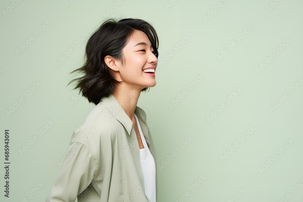 Portrait of a joyful fictional Asian woman smiling. Graceful and elegant lady. Natural beauty. Happiness. Isolated on a plain colored pastel background. Generative AI. Portrait of a joyful fictional Asian woman smiling. Graceful and elegant lady. Natural beauty. Happiness. Isolated on a plain colored pastel background. Generative AI.
