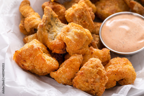 Catfish nuggets in a bowl with dipping sauce photo