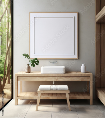 Modern, bathtub or bathroom interior design with mockup poster space for apartment, hotel or home. Bright, clean or stylish wash room by wall for relax, hygiene and luxury picture frame or decoration
